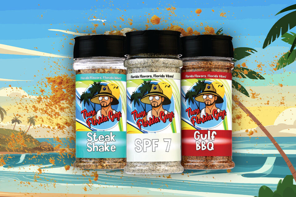Assortment of Those Florida Guys gourmet BBQ rubs displayed over branded cartoon style background.