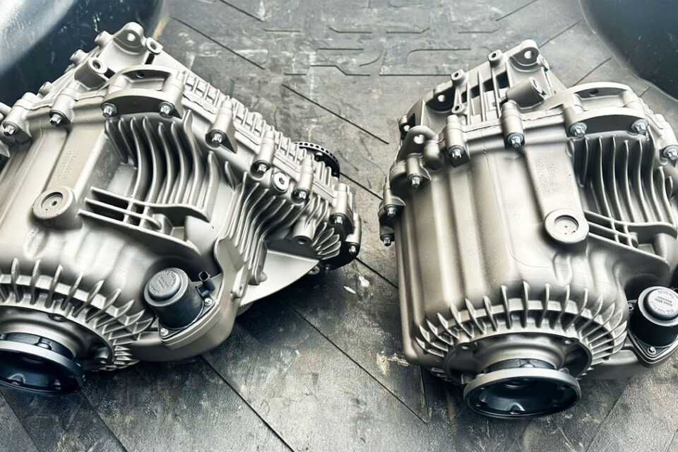 Land Rover transfer cases on warehouse floor